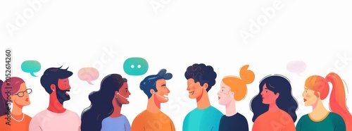 Minimalist UI illustration of people talking in vector style, flat design on white background with pastel colors, dribbble and behance hd --ar 73:27 --v 6 Job ID: 64a990d2-4228-4bf9-bef2-41ef4efbbbfe photo