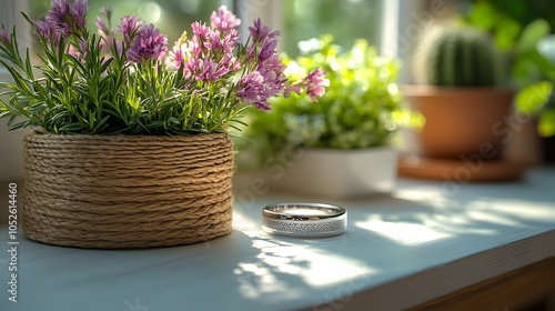 Elegant Silver Ring Next to Vibrant Potted Plants