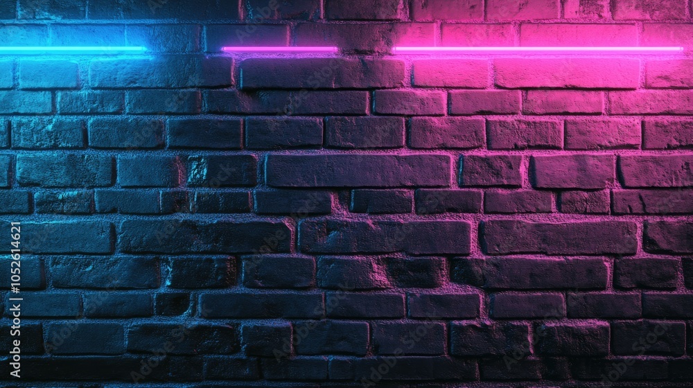 Illuminated brick wall featuring blue and pink neon lights creating an abstract urban backdrop Illuminated brick wall featuring blue and pink neon lights creating an abstract urban backdrop