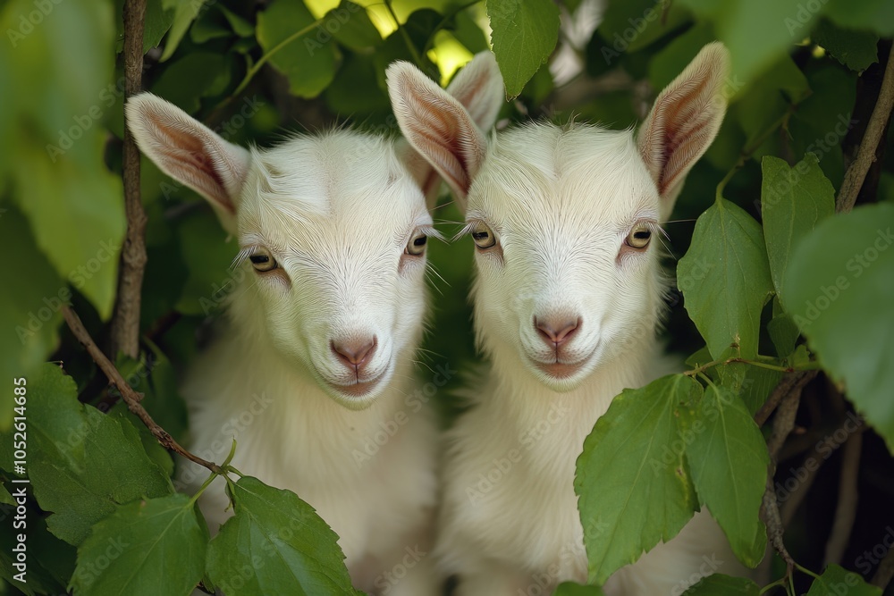 Obraz premium Adorable Baby Goats Amidst Lush Greenery on a Sunny Farm
