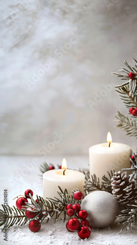 Two lit white candles surrounded by Christmas decorations