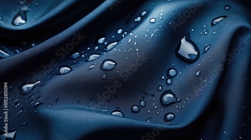 Dark blue smooth textile with water droplets on the surface showcasing texture details concept for innovative waterproof fabric materials