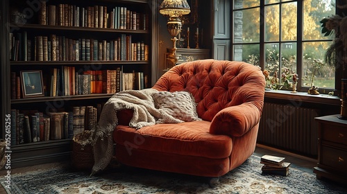 Relaxing book nook a Parisianstyle apartment featuring a velvet armchair an ornate lamp and a closeup of a detailed bookshelf filled with old books gilded frames and cozy fabrics photo