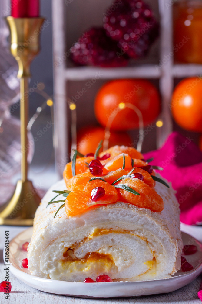 Meringue roll filled with mascarpone, cream and tangerine jam, decorated with tangerines and pomegranate seeds.