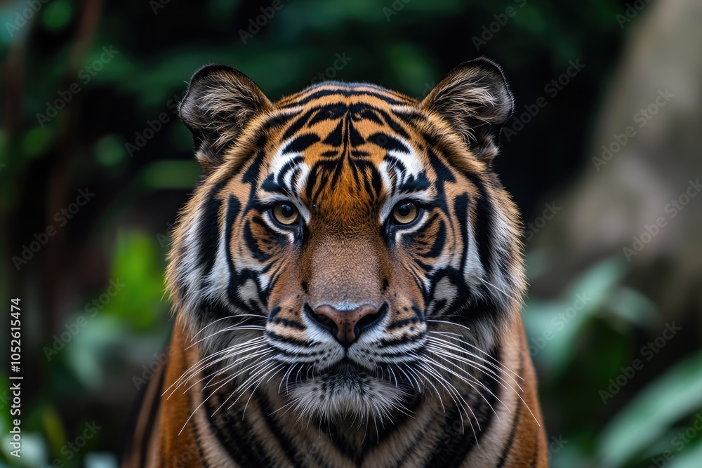 Fototapeta premium Majestic Bengal Tiger Portrait with Striking Black Stripes in Wildlife Habitat