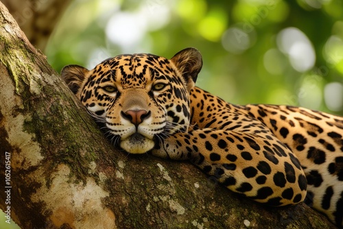 Young Jaguar in the Wild: Portrait of a Baby Predator Climbing a Tree