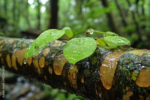 Tranquil Bamboo Oasis: Serene Environment with Wet Bamboo Leaf and Water Trickle photo