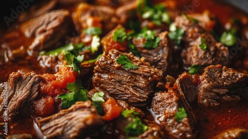 Ropa vieja beef in a rich tomato sauce A key dish in Latin American cuisine showcasing local culinary traditions Close up view photo