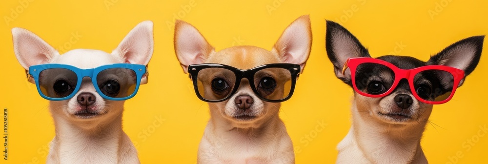 Fototapeta premium Colorful Sunglasses Trio: Adorable Chihuahua Puppies in Funny Studio Portrait