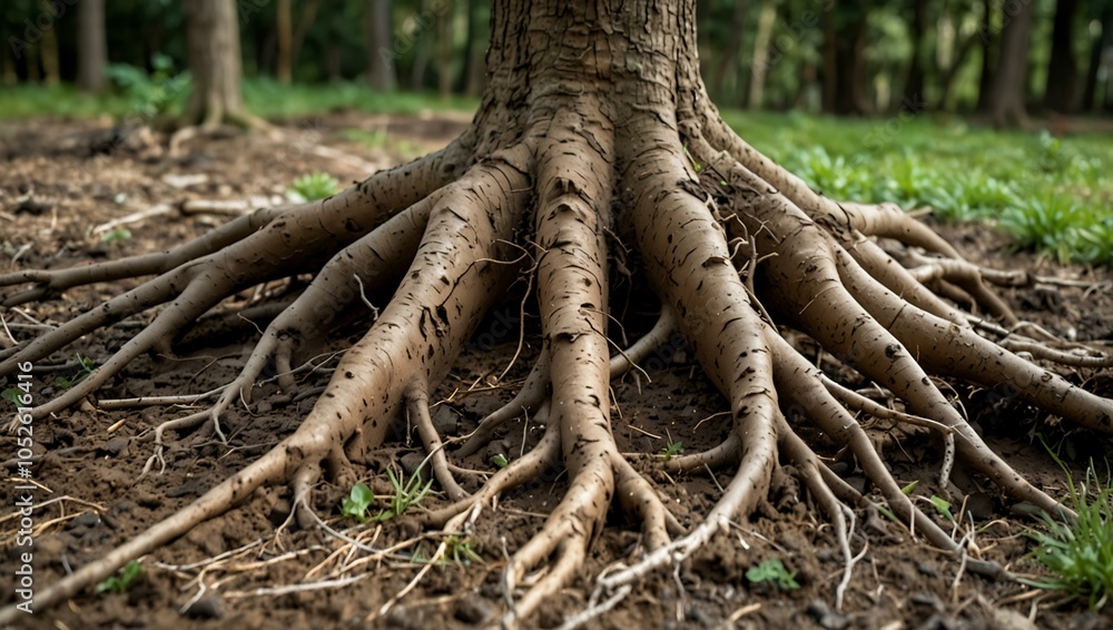 Obraz premium Tree roots emerging from the ground.