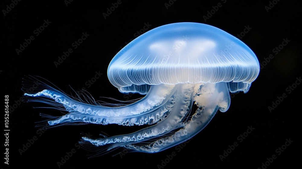 A close-up of a jellyfish on a black background with its head turned to the side A close-up of a jellyfish on a black background with its head turned to the side