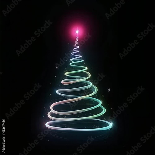 video animation of a decorated Christmas tree in the shape of a spiral with a star on top