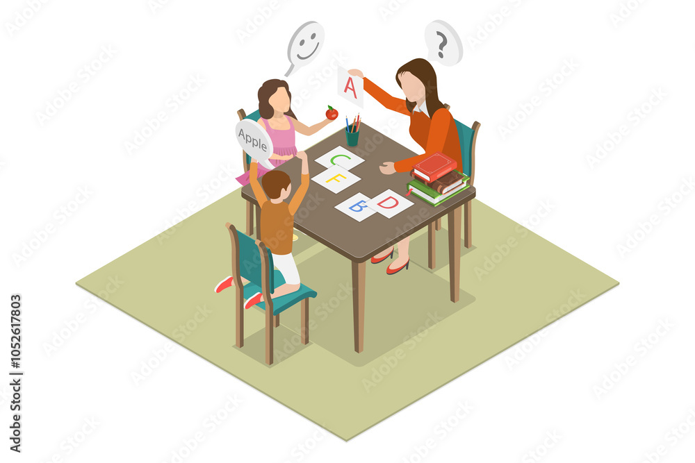 3D Isometric Flat Illustration of Learning Alphabet, Kids in Kindergarten Classroom with Teacher 3D Isometric Flat Illustration of Learning Alphabet, Kids in Kindergarten Classroom with Teacher