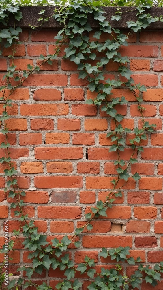 Weathered red brick wall adorned with climbing green ivy Weathered red brick wall adorned with climbing green ivy