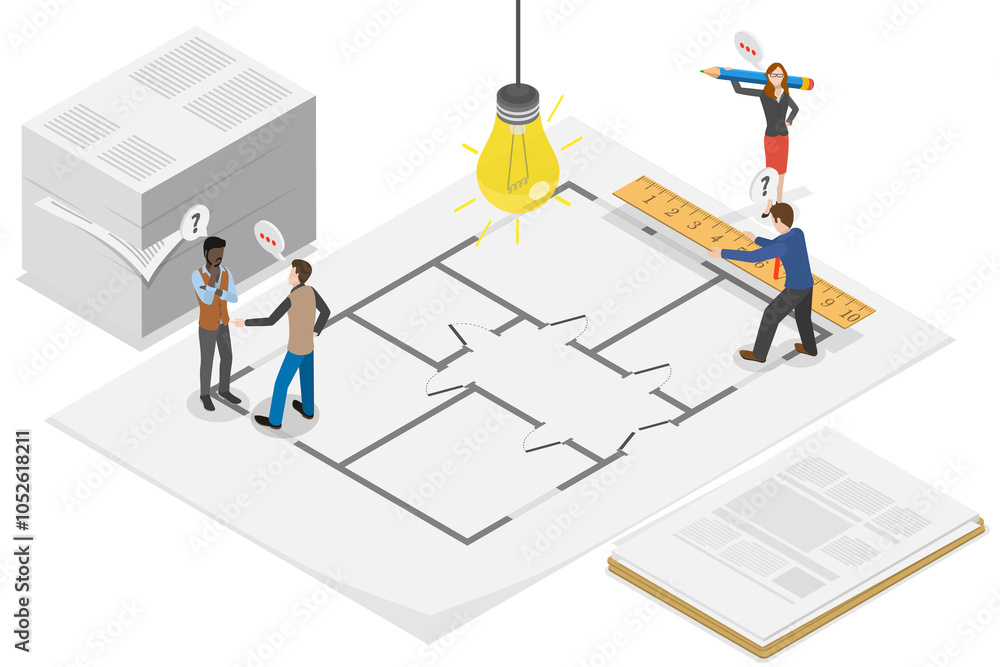3D Isometric Flat Illustration of House Plan, Architectural Blueprint of a Residence Design. 3D Isometric Flat Illustration of House Plan, Architectural Blueprint of a Residence Design.