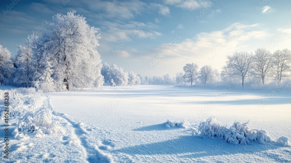 Stunning snow blanketed field featuring a dense layer of snow creating a serene and isolated winter scene Stunning snow blanketed field featuring a dense layer of snow creating a serene and isolated winter scene