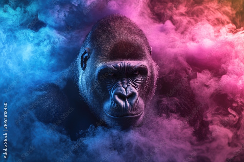 Obraz premium Artistic Gorilla Portrait with Swirling Mist. Modern Design and Abstract Style for Creative Advertisement
