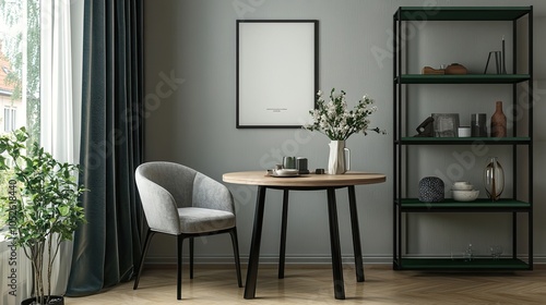 Dining room with a round table, green shelf, stylish armchair, and personal accessories, with a vase of flowers and a mock-up poster frame for decoration