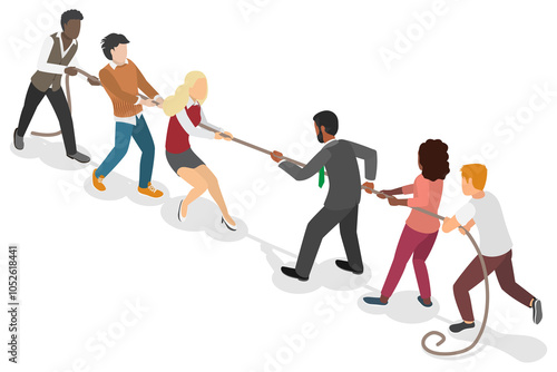 3D Isometric Flat  Illustration of Workers Competitors Pull Rope, Active Game for Business Teamwork