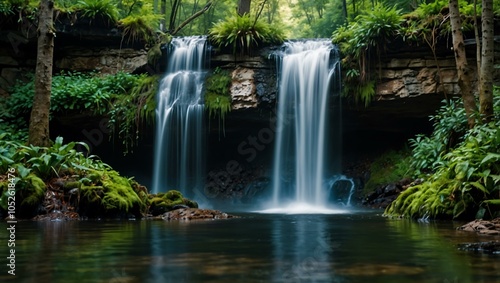 Waterfalls in a forest setting.