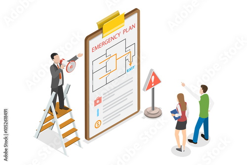 3D Isometric Flat  Illustration of Emergency Map, Office Evacuation Procedure