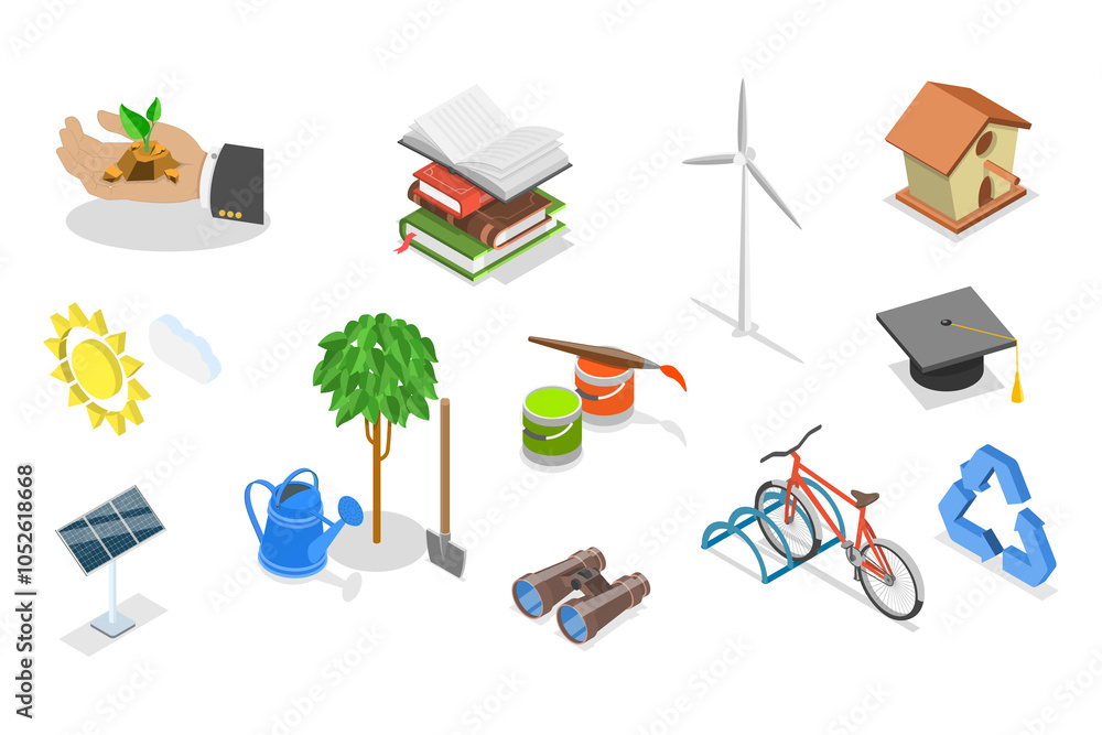 3D Isometric Flat Illustration of Volunteering And Charity, Charitable Projects Focused on Education and Environment 3D Isometric Flat Illustration of Volunteering And Charity, Charitable Projects Focused on Education and Environment