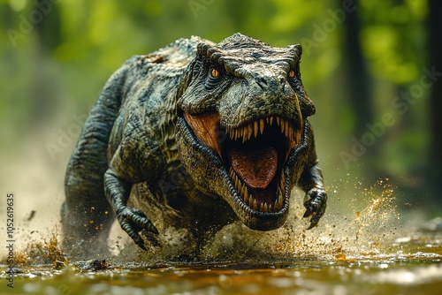 Full-Body Shot of a T-Rex Running Through a Forest with Open Mouth and Sharp Teeth, Cinematic, Hyper-Realistic, and Highly Detailed Appearance

 photo