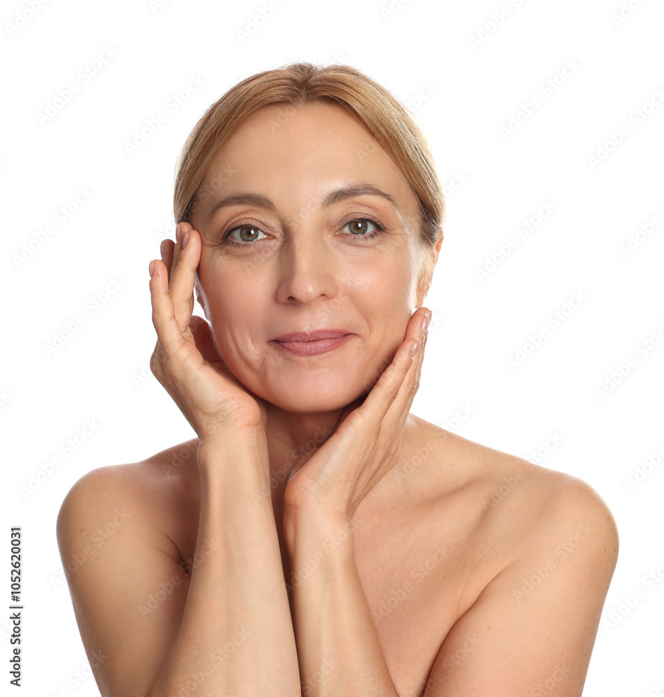 Beautiful woman doing facial self massage on white background Beautiful woman doing facial self massage on white background