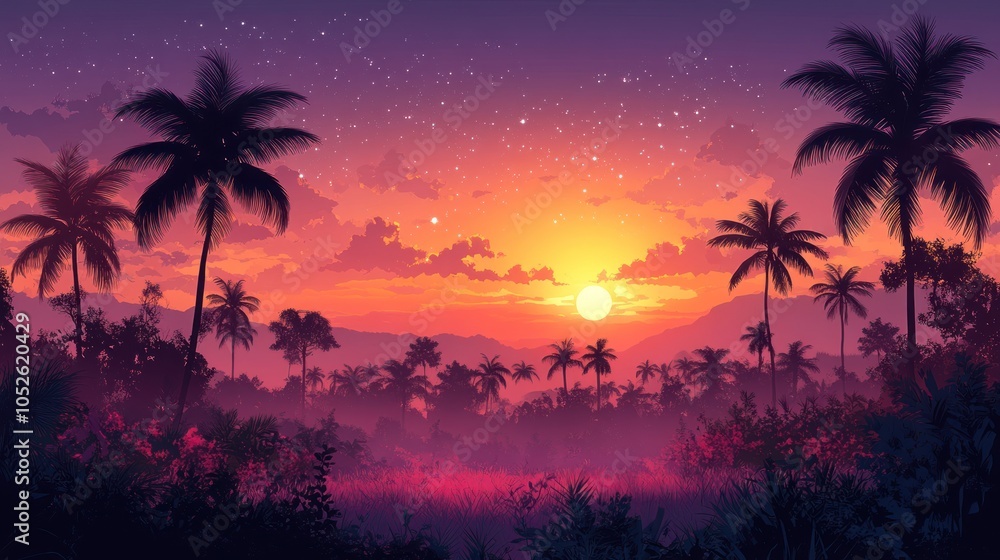 Tropical Sunset with Palm Trees and Starry Sky Tropical Sunset with Palm Trees and Starry Sky