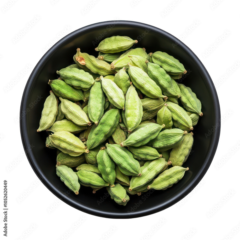 Green cardamom pods on black bowl isolated on transparent background Green cardamom pods on black bowl isolated on transparent background