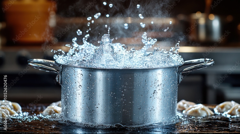 Boiling water in a stainless steel pot with steam and water droplets on a wooden table. Boiling water in a stainless steel pot with steam and water droplets on a wooden table.
