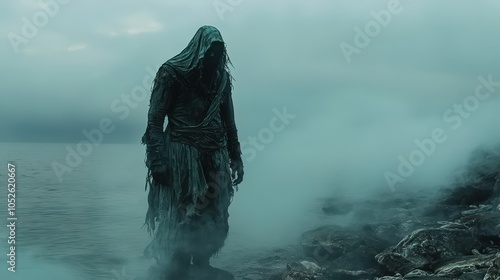 Phantom pirate with tattered clothes, ghostly aura, standing on a foggy shore, eerie ocean background, isolated subjects 