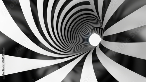 Dynamic abstract image featuring a black-and-white spiral tunnel with a hypnotic swirl pattern leading to a bright central opening. Perfect for optical illusion themes or background designs photo