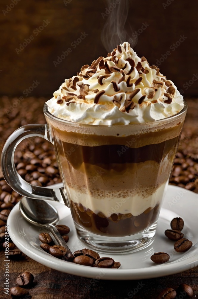 Close-Up Cross-Section of Mochaccino Layered Coffee Delight with Whipped Cream and Chocolate Shavings Close-Up Cross-Section of Mochaccino Layered Coffee Delight with Whipped Cream and Chocolate Shavings