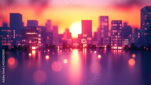 Cityscape silhouette with sunset reflected in water.