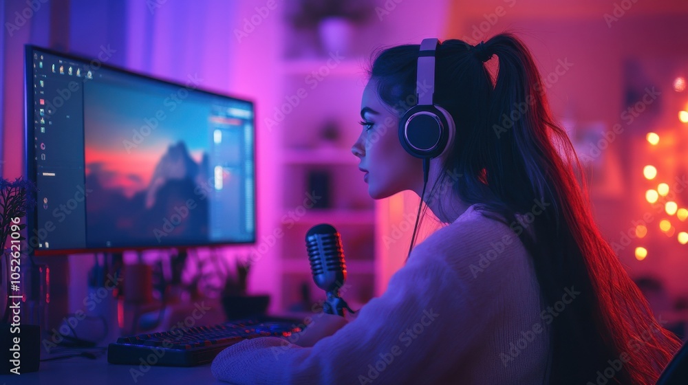 Cozy home office setup featuring an influencer recording a podcast, with headphones, a microphone, and aesthetic decor enhancing the vibe. Cozy home office setup featuring an influencer recording a podcast, with headphones, a microphone, and aesthetic decor enhancing the vibe.
