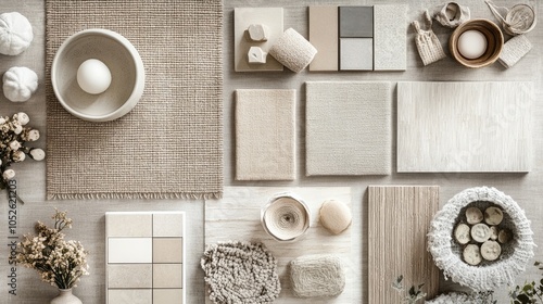 Flat lay composition in beige and gray color palette featuring textile and paint samples, panels, and tiles for an architect moodboard