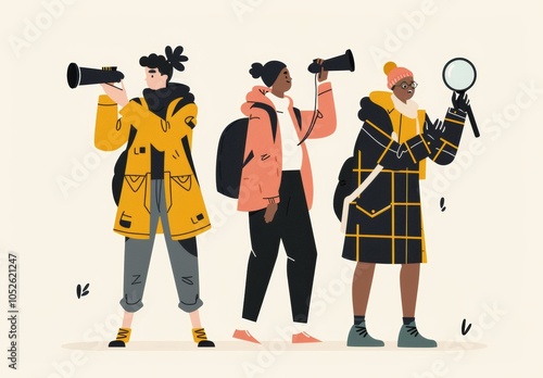 Three diverse people standing together, one person holding binoculars to look for something or gaze into the distance, another looking through magnifying glass, and thirdly waving their hands in vario photo