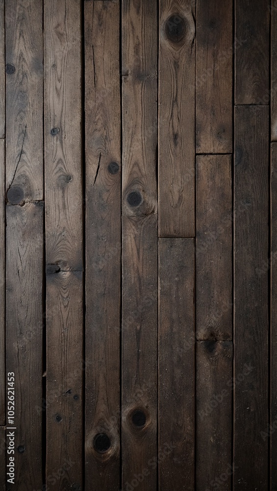Naklejka premium Aged rustic barn floor with dark wooden planks knots grain and small gaps