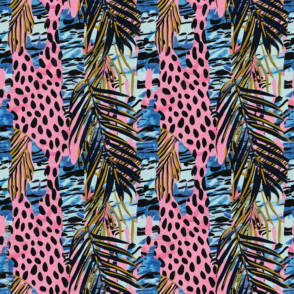 Obraz premium Fun girly camouflage pattern in vibrant stripes and spotted seamless design . Modern skin texture patched effect for festival and beach wear style in repeat .