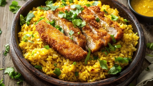 Crispy Chicken Over Fluffy Yellow Rice Dish