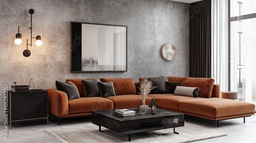 Industrial apartment living room with brown sofa, coffee table, black commode, and concrete gray wall