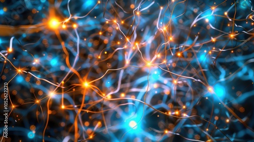 Abstract digital brain representation with interconnected glowing nodes and neural pathways in blue and orange hues