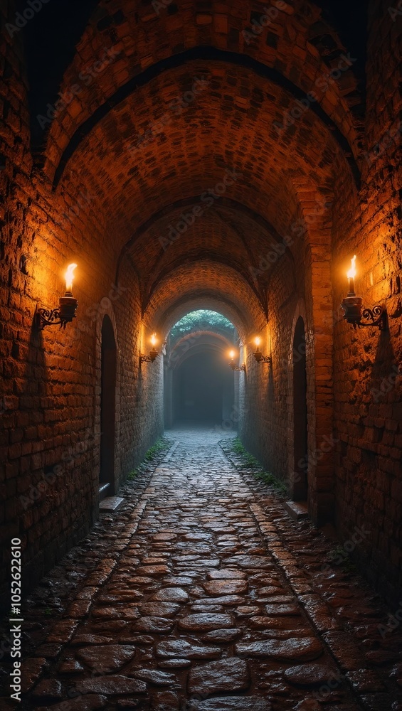 Fototapeta premium Mysterious tunnel entrance to ancient fortress with torches and cobblestones