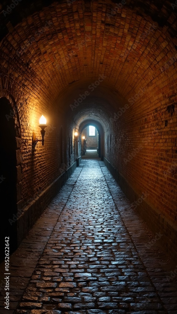 Fototapeta premium Mysterious tunnel entrance to ancient fortress with torches and cobblestones