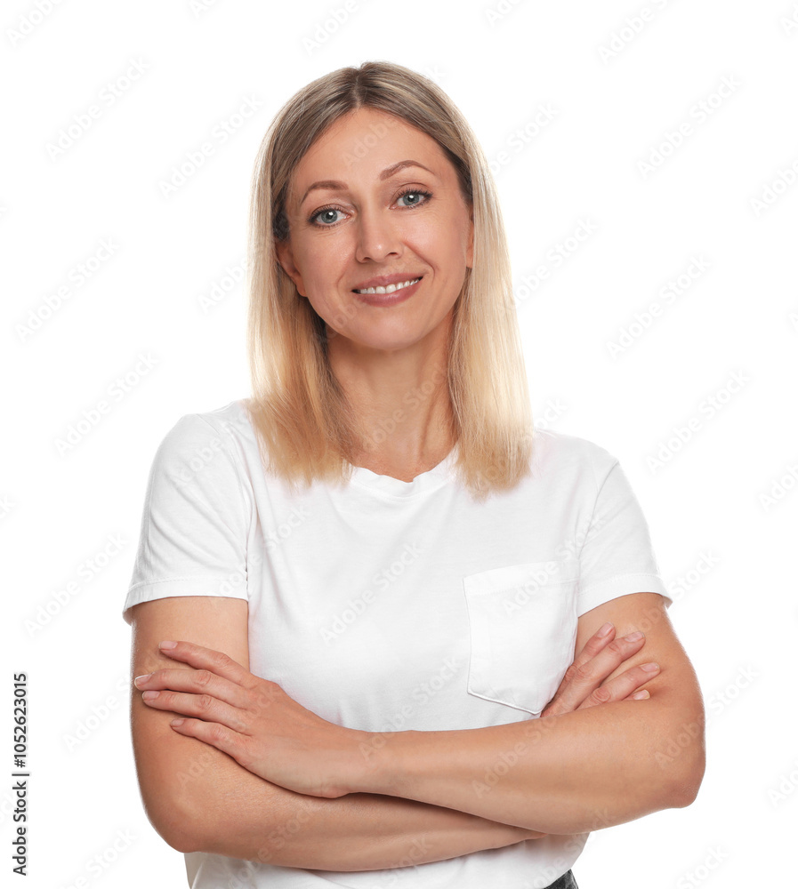 Portrait of beautiful smiling woman isolated on white Portrait of beautiful smiling woman isolated on white