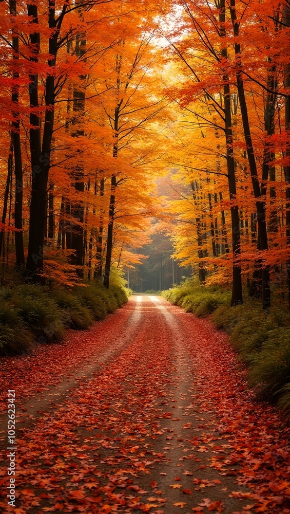 Scenic red dirt road winding through autumn forest with fallen leaves and golden sunlight Scenic red dirt road winding through autumn forest with fallen leaves and golden sunlight