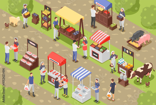Farm market. Customers buy fresh organic products on outdoor agriculture fair. Stalls with fish meat fruits vegetables cheese milk, flawless vector scene