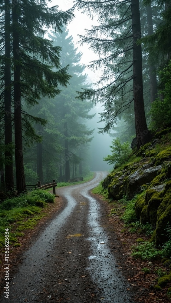 Obraz premium Misty mountain road with pine trees and moss covered rocks
