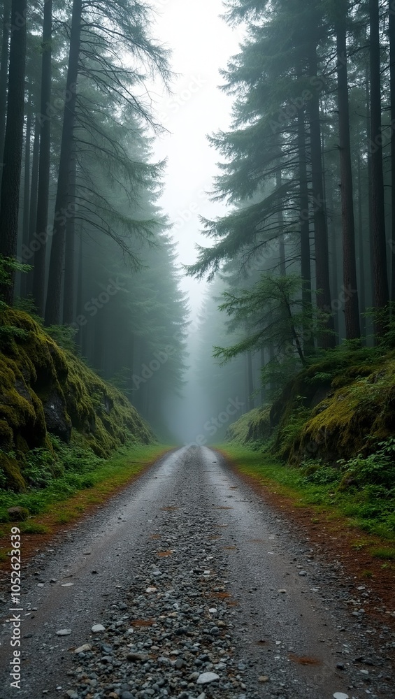 Naklejka premium Misty mountain road with pine trees and moss covered rocks